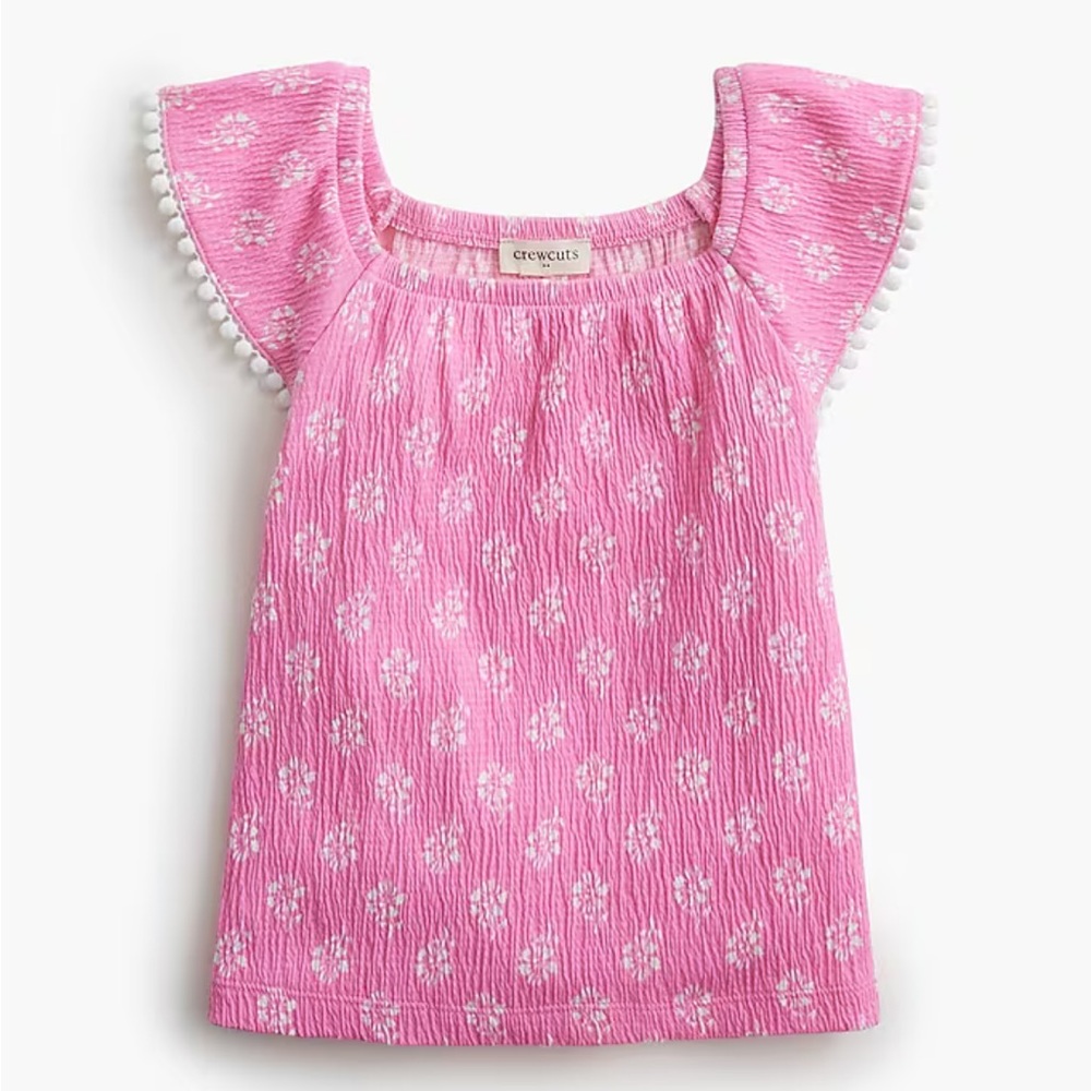 Crewcuts Girls L Pink Floral Top Pom Trim Flutter Sleeve NWT J.Crew Kids